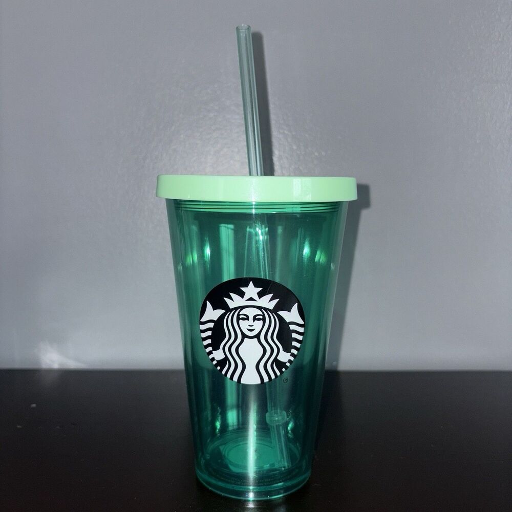 STARBUCKS Crystal Green Grande Siren Mermaid Logo Cold Cup Straw TUMBLER 16 Oz